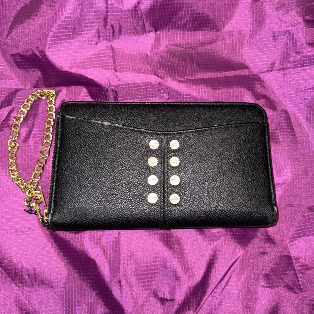 Black faux Leather Clutch / wristlet with Gold Chain